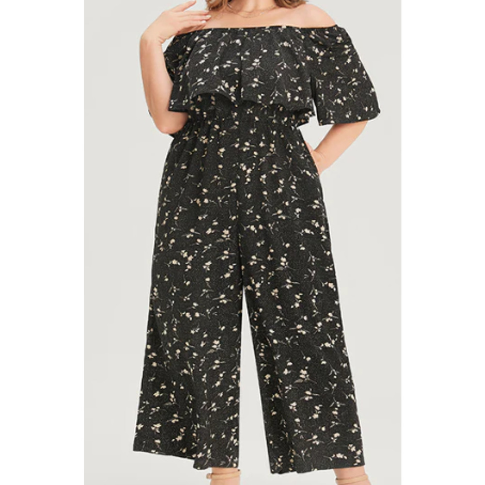 BloomChic Black Floral Off-Shoulder Jumpsuit